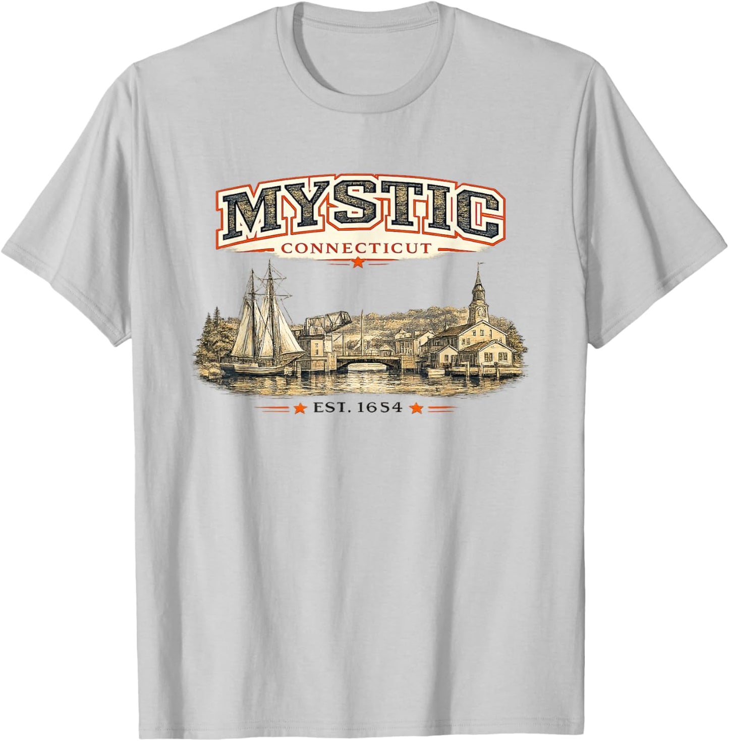 Mystic Connecticut Vintage Coastal Retro Graphic T-Shirt - T-Shirt | Ash