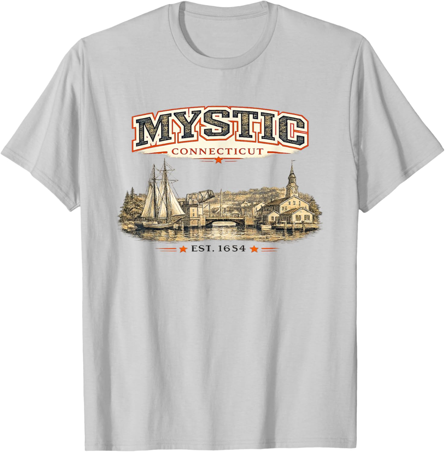 Mystic Connecticut Vintage Coastal Retro Graphic T-Shirt - T-Shirt | Ash