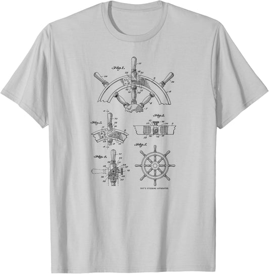 Nautical Vintage Sailing Boating Ship's Wheel Patent Sailors T-Shirt - T-Shirt | Ash
