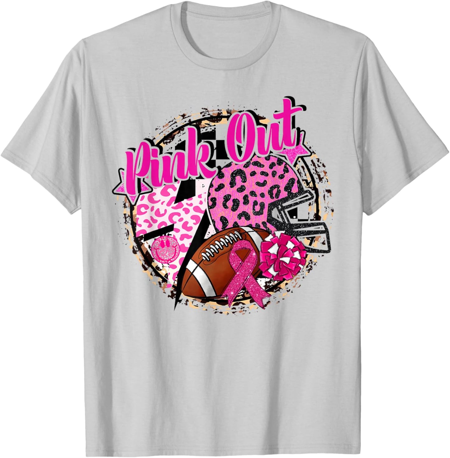 Pink Out Cheer Football Pink Ribbon Breast Cancer Awareness T-Shirt - T-Shirt | Ash
