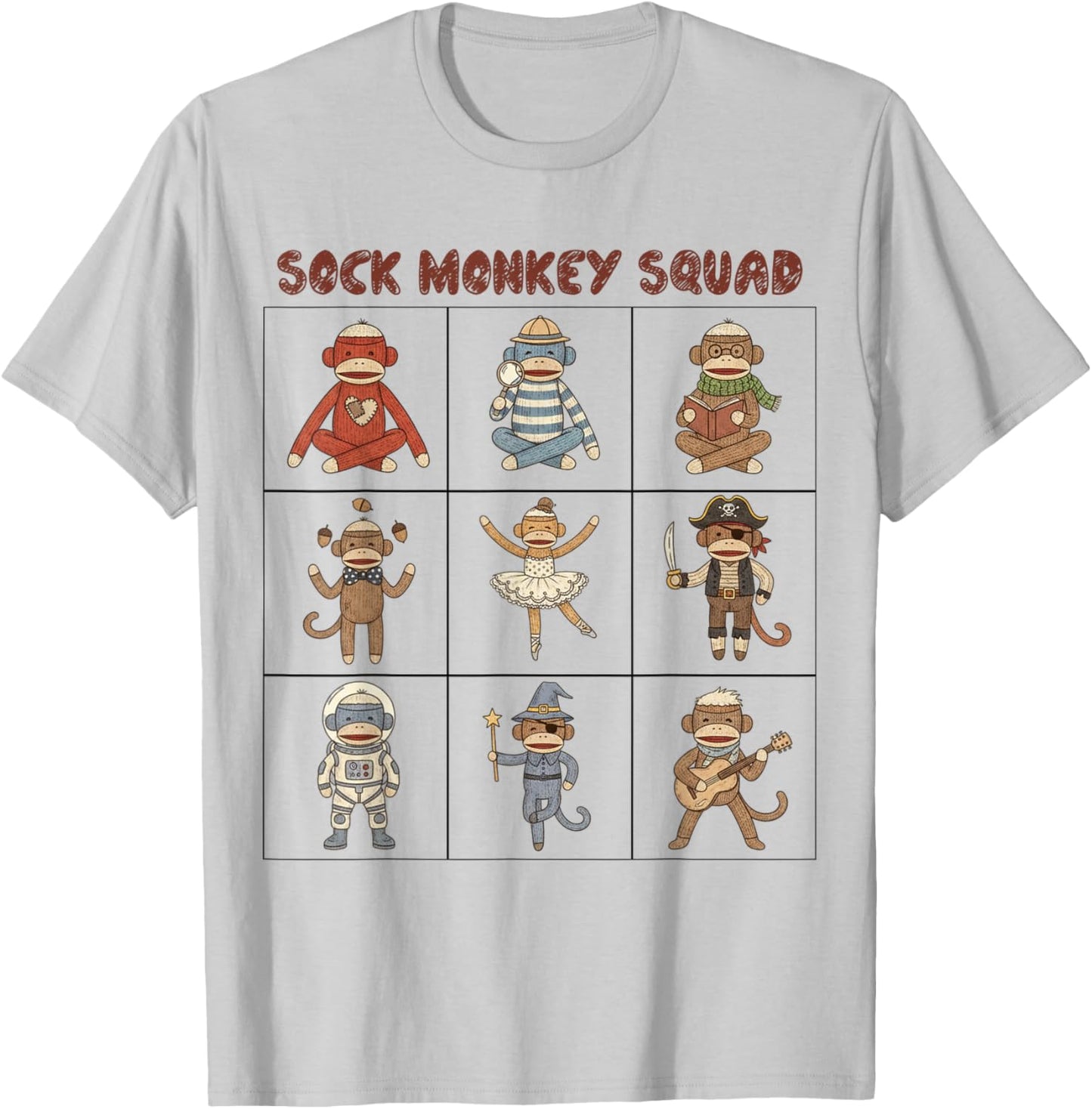 Sock Monkey Grid Graphic - Retro Vintage Sock Monkey Lovers T-Shirt - T-Shirt | Ash