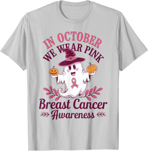 In October We Wear Pink Breast Cancer Awareness Pumpkins T-Shirt - T-Shirt | Ash