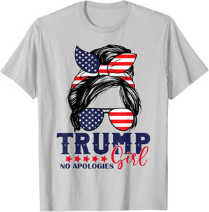 Trump Girl No Apologies Messy Bun Trump 2024 American Flag T-Shirt - T-Shirt | Ash