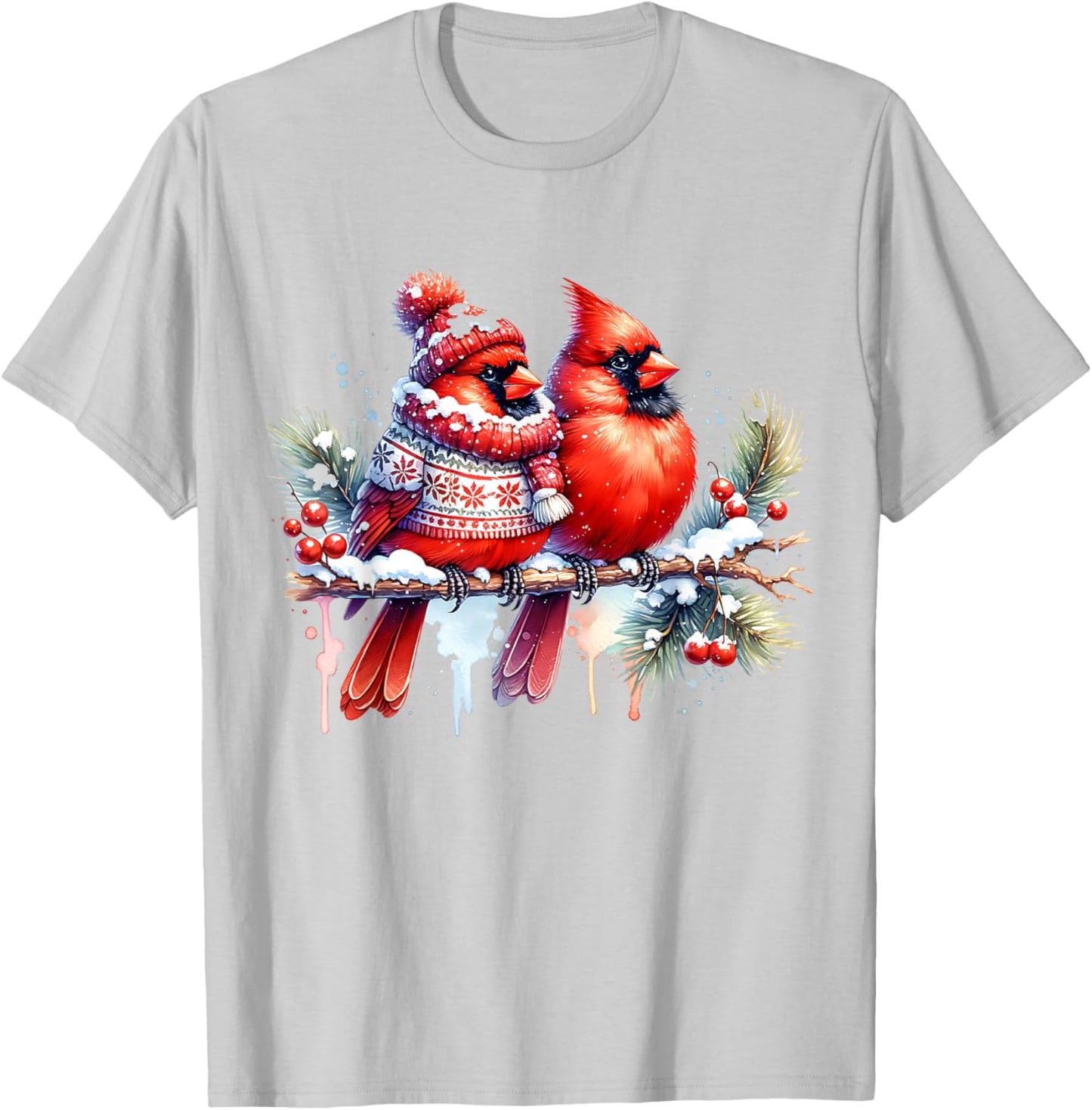 Red Christmas Cardinal Pair Snow Cute Bird Winter lovers T-Shirt - T-Shirt | Ash