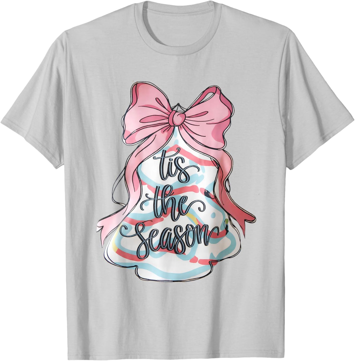 Funny Christmas Outfit Women Kids Pink Christmas Tree Cake Coquette Bow Xmas Pajamas Funny T-Shirt - T-Shirt | Ash