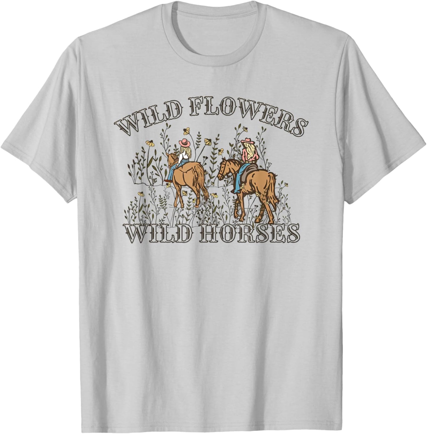 Sunset Cowgirl Riding Horse Wild Flowers - Wild Horses T-Shirt - T-Shirt | Ash
