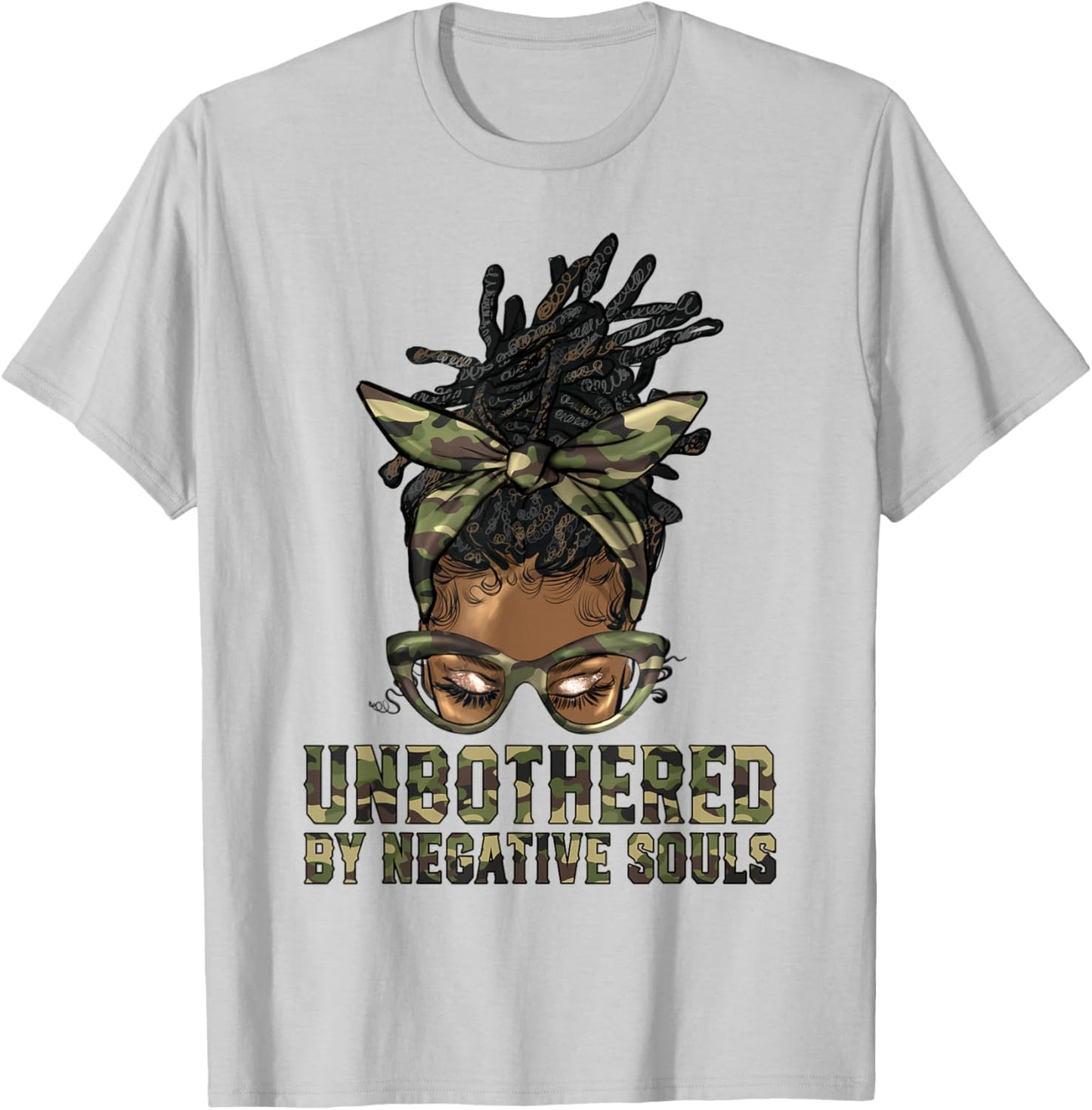 Loc'd Hair Messy Bun Black Woman Girl Camo Unbothered T-Shirt - T-Shirt | Ash