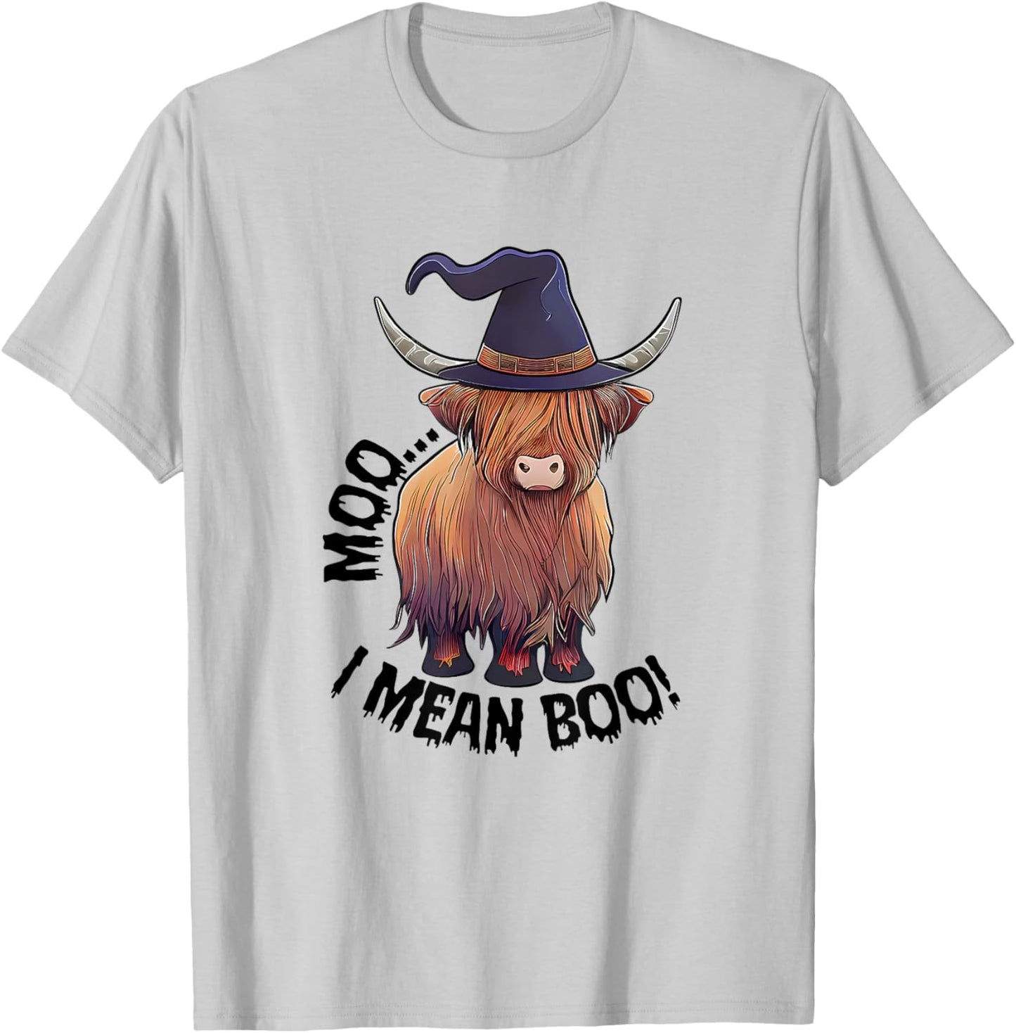 Moo I Mean Boo Halloween Highland Cow Witch Cow Lover Farm T-Shirt - T-Shirt | Ash