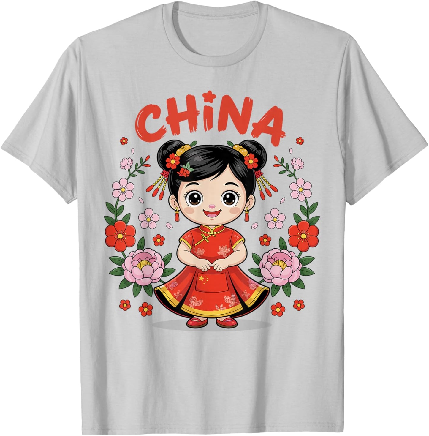 China Flag Culture Pride Chinese Cute Girl Traditional Dress T-Shirt - T-Shirt | Ash
