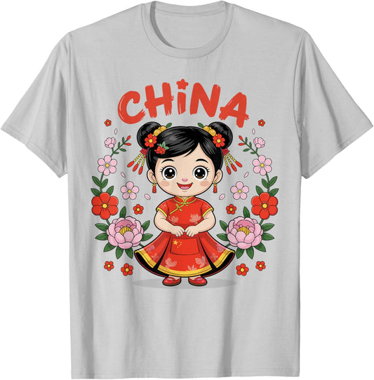 China Flag Culture Pride Chinese Cute Girl Traditional Dress T-Shirt - T-Shirt | Ash