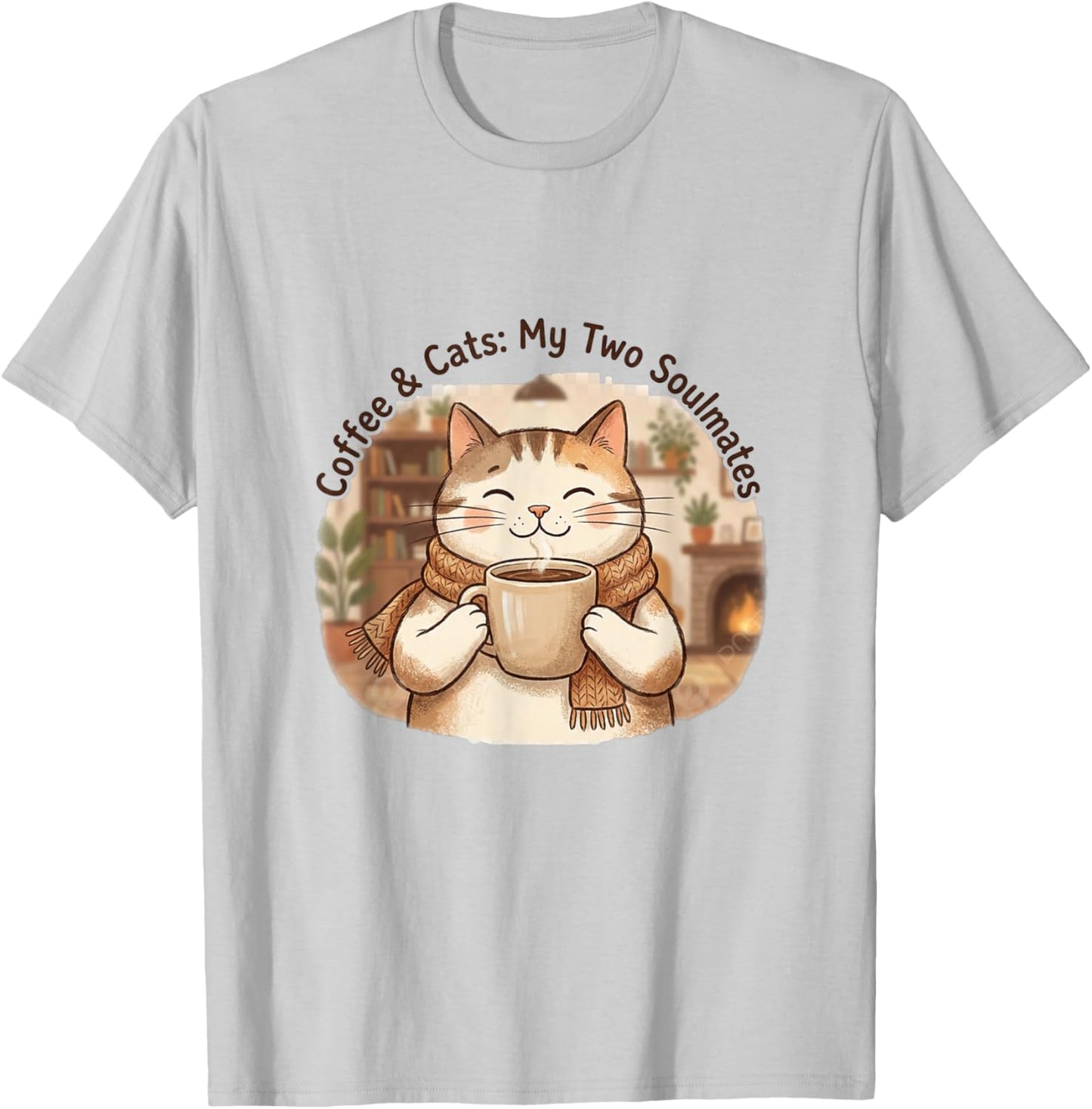 Coffee & Cats Soulmates Kawaii Cat Mug Design T-Shirt - T-Shirt | Ash