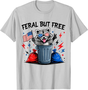 Feral But Free Funny Raccoon Feral and Free 4th of July USA T-Shirt - T-Shirt | Ash