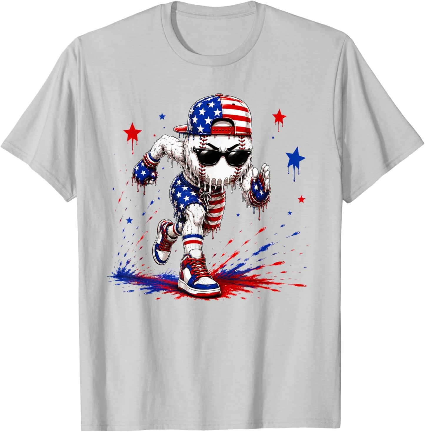 4th of July Baseball Drip Shirt Boys Kids Patriotic USA Flag T-Shirt - T-Shirt | Ash