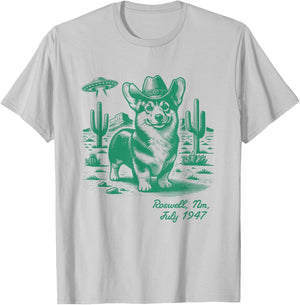 Corgi Cowboy Cowgirl UFO Retro Western Country Dog Mom T-Shirt - T-Shirt | Ash