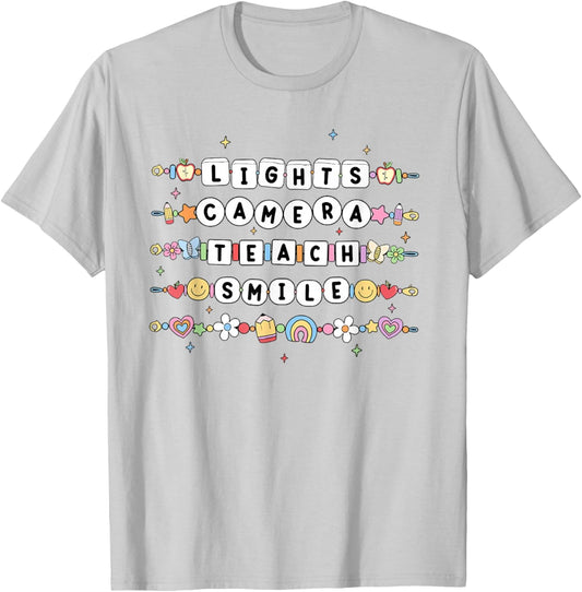 Women Lights Camera Teach Smile Teacher First Day Of School T-Shirt - T-Shirt | Ash