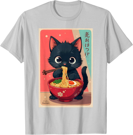 Kitten Eating Japanese Noodles Anime Manga Baby Cat Ramen T-Shirt - T-Shirt | Ash