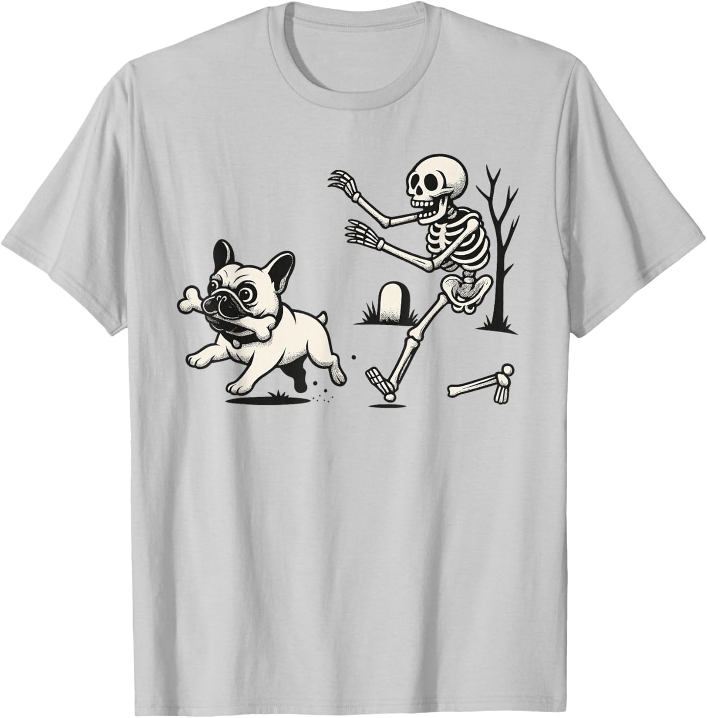 Halloween French Bulldog Skeleton Spooky Humor Funny Dog T-Shirt - T-Shirt | Ash