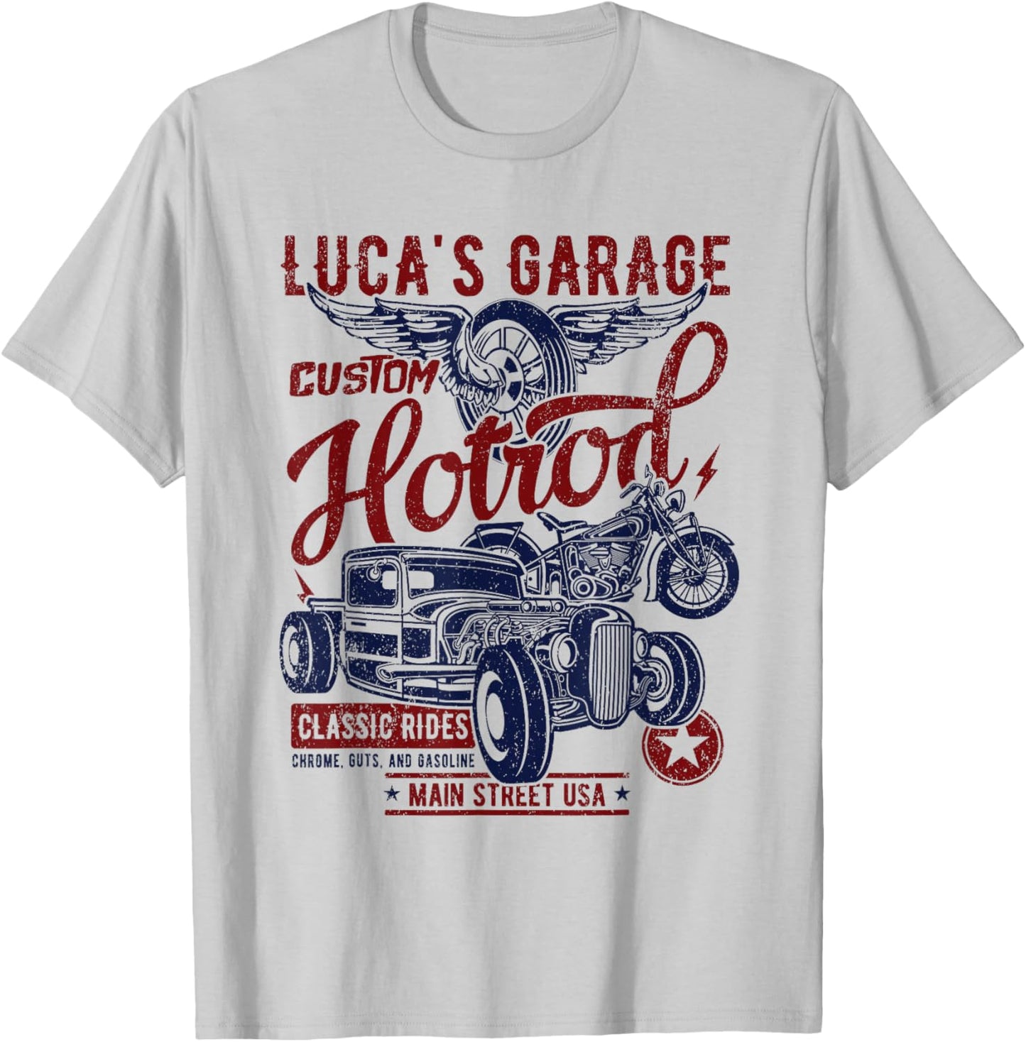 Luca's Garage Hotrod Classic Rides Distressed Design T-Shirt - T-Shirt | Ash