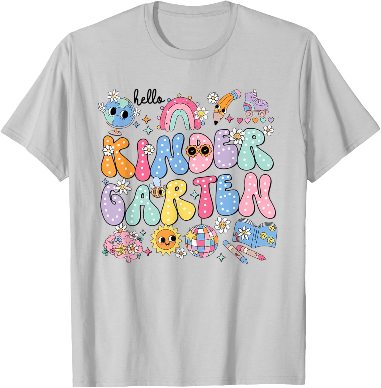 Retro Hello Kindergarten Disco Ball Teacher Rainbow Kids T-Shirt - T-Shirt | Ash