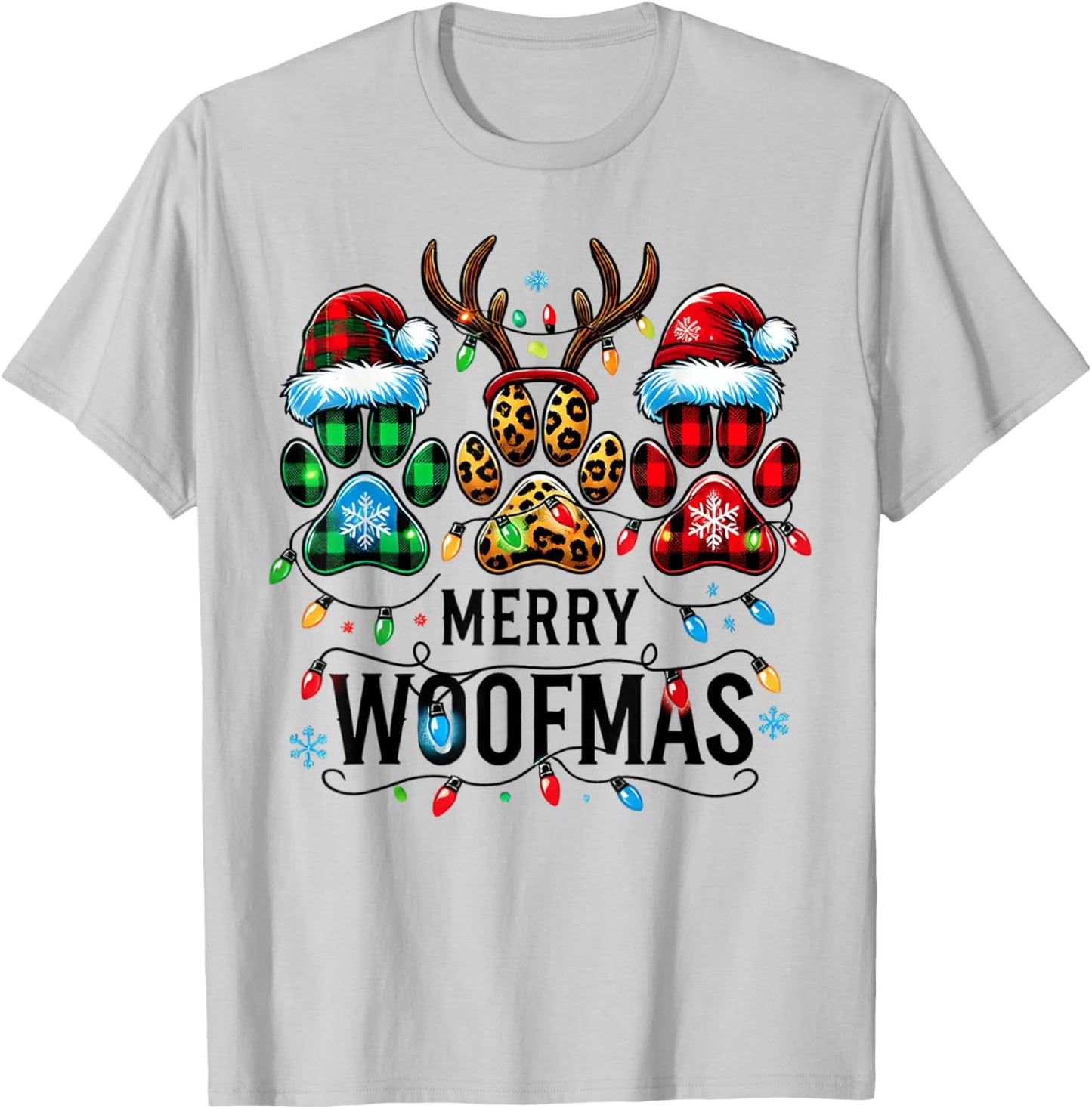 Merry Woofmas Dog Paw Christmas Lights Xmas Reindeer Santa Men Women Kids T-Shirt - T-Shirt | Ash