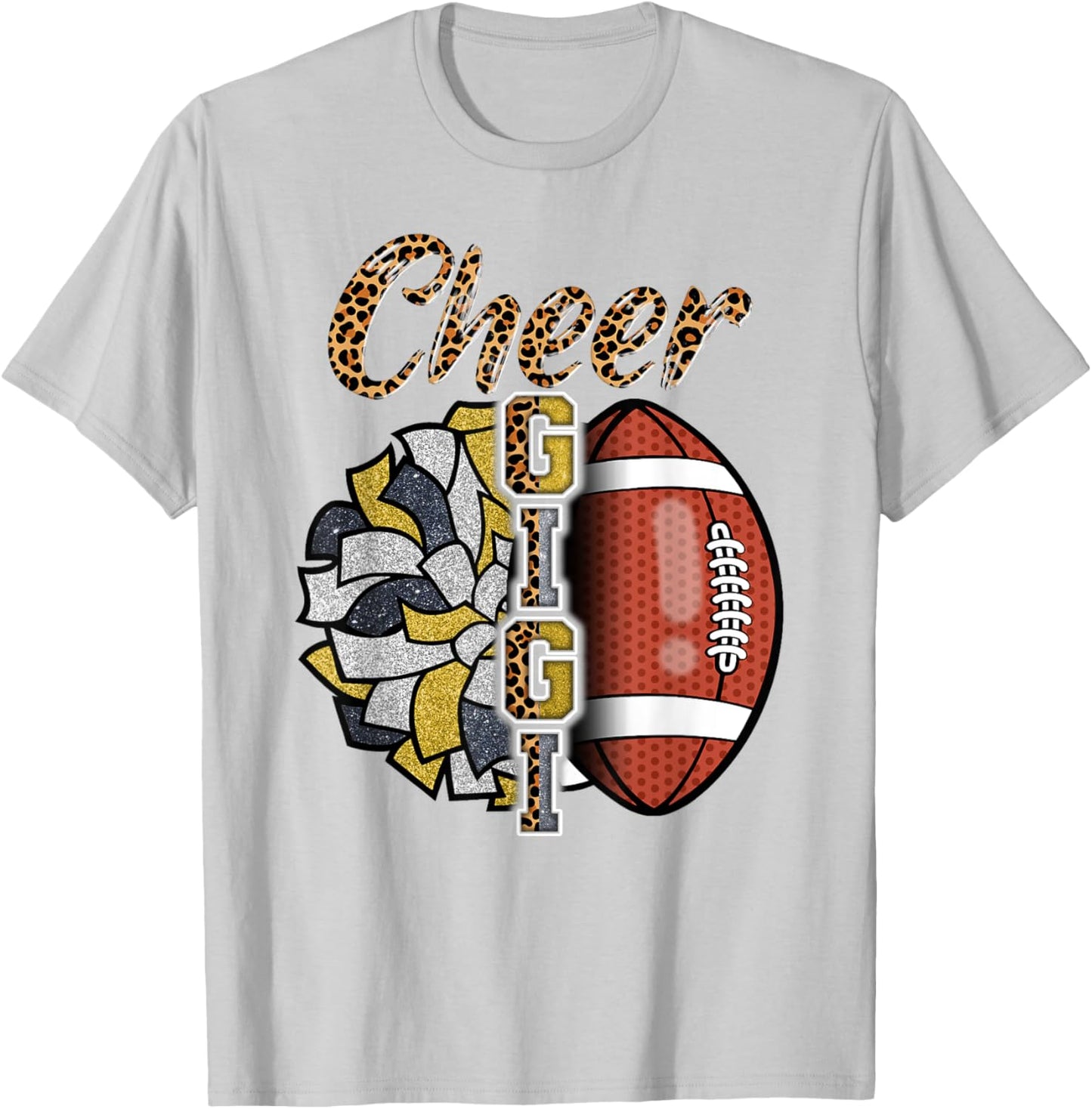 Football Cheer Gigi Grandma Gold Black Pom Pom Leopard T-Shirt - T-Shirt | Ash