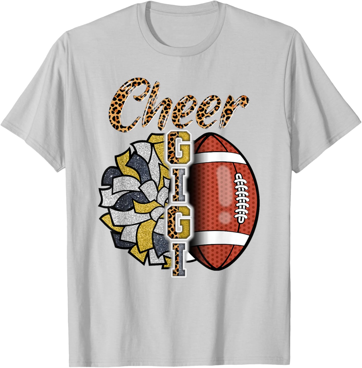 Football Cheer Gigi Grandma Gold Black Pom Pom Leopard T-Shirt - T-Shirt | Ash