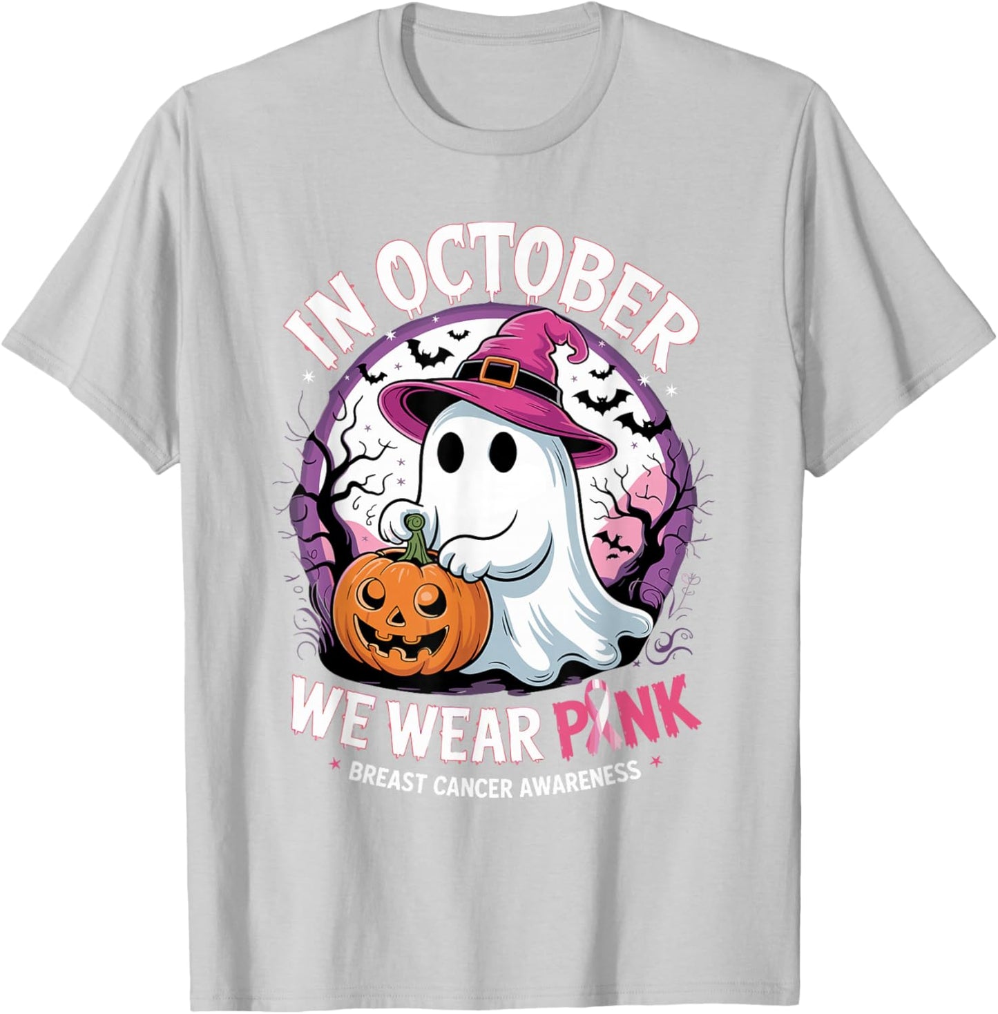 in October We Wear Pink Shirt Ghost Breast Cancer Awareness T-Shirt - T-Shirt | Ash