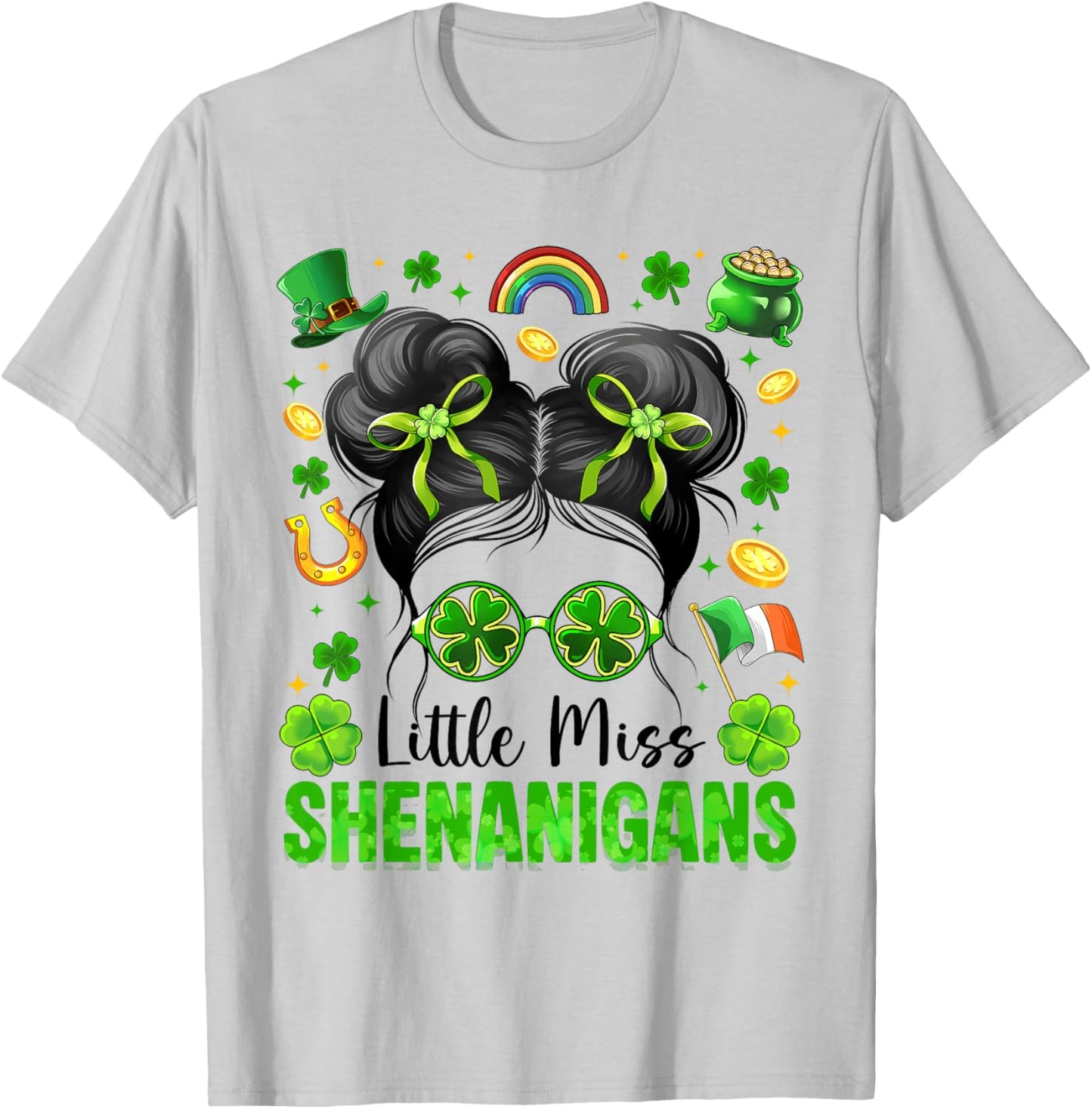 Miss Shenanigans Messy Bun Shamrock St Patrick Day Girl Kids T-Shirt - T-Shirt | Ash