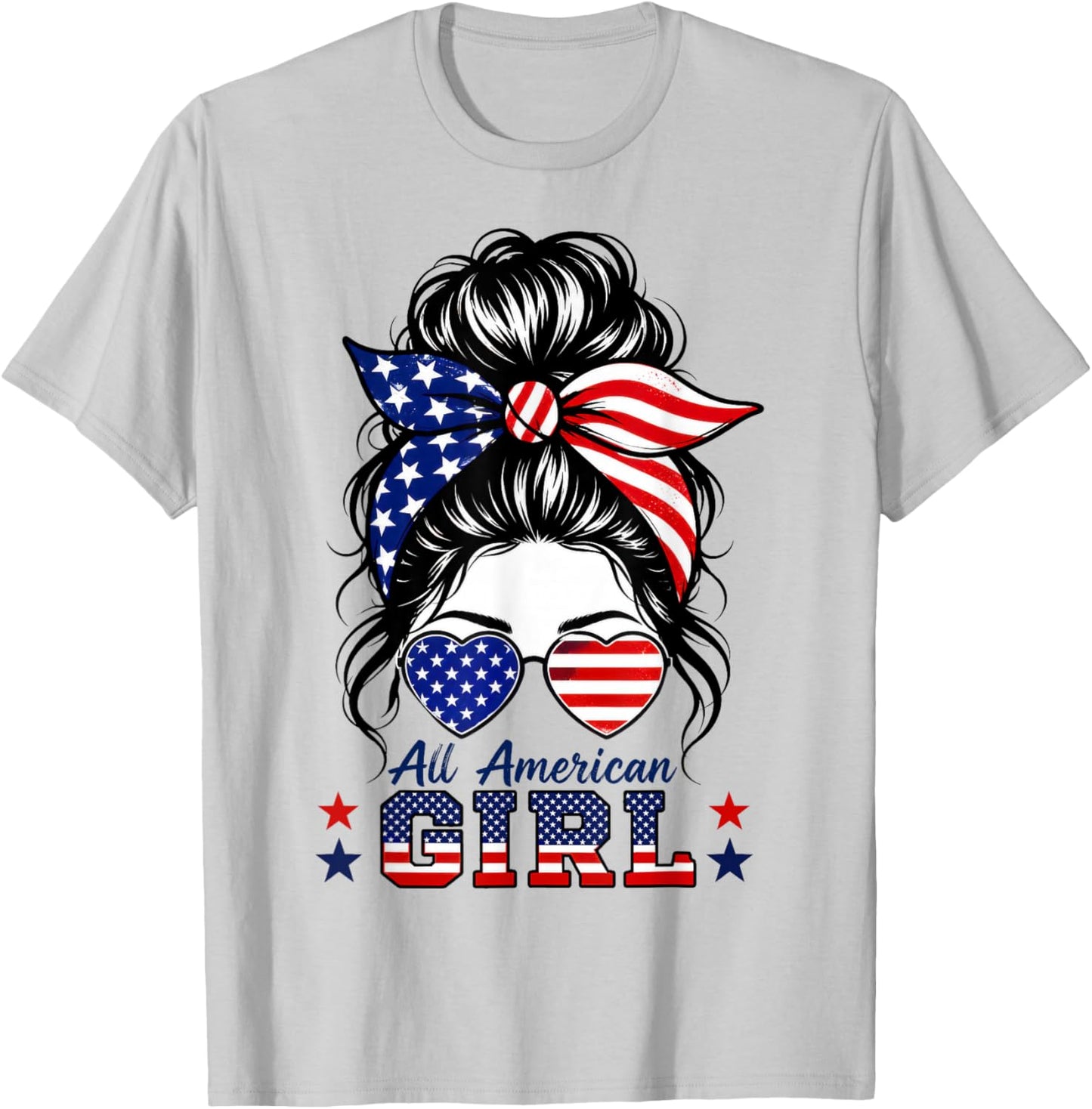 4th of July Shirts All American Girl Messy Bun American Flag T-Shirt - T-Shirt | Ash