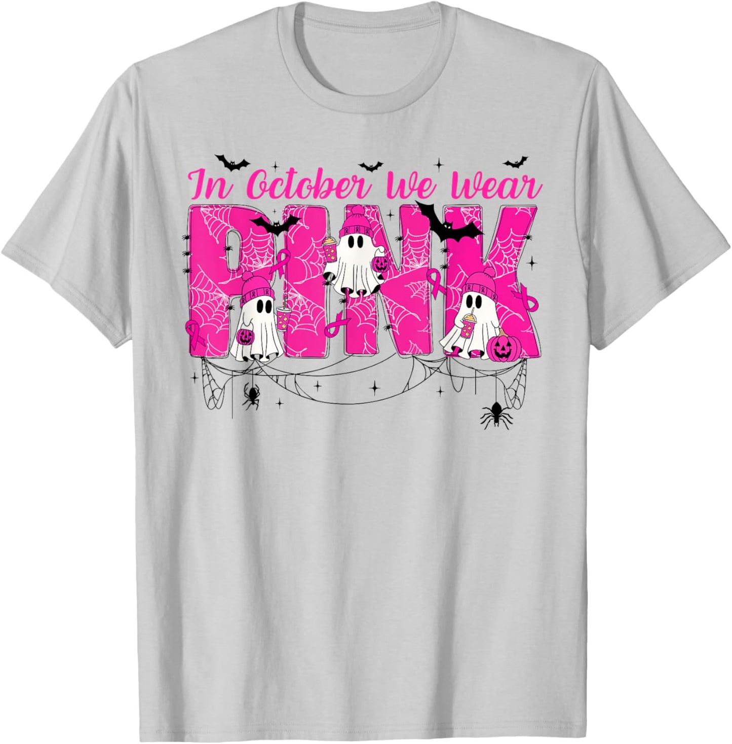 We Wear Pink in October Cute Ghost Breast Cancer Awareness T-Shirt - T-Shirt | Ash