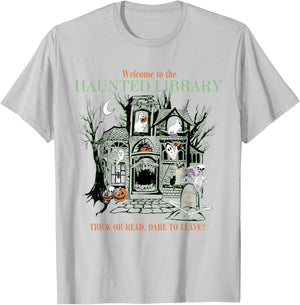Retro Welcome To The Haunted Library Book Lovers Halloween T-Shirt - T-Shirt | Ash