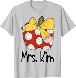 Mrs. Kim Apple Pencil Bow Teacher Graphic Design T-Shirt - T-Shirt | Ash