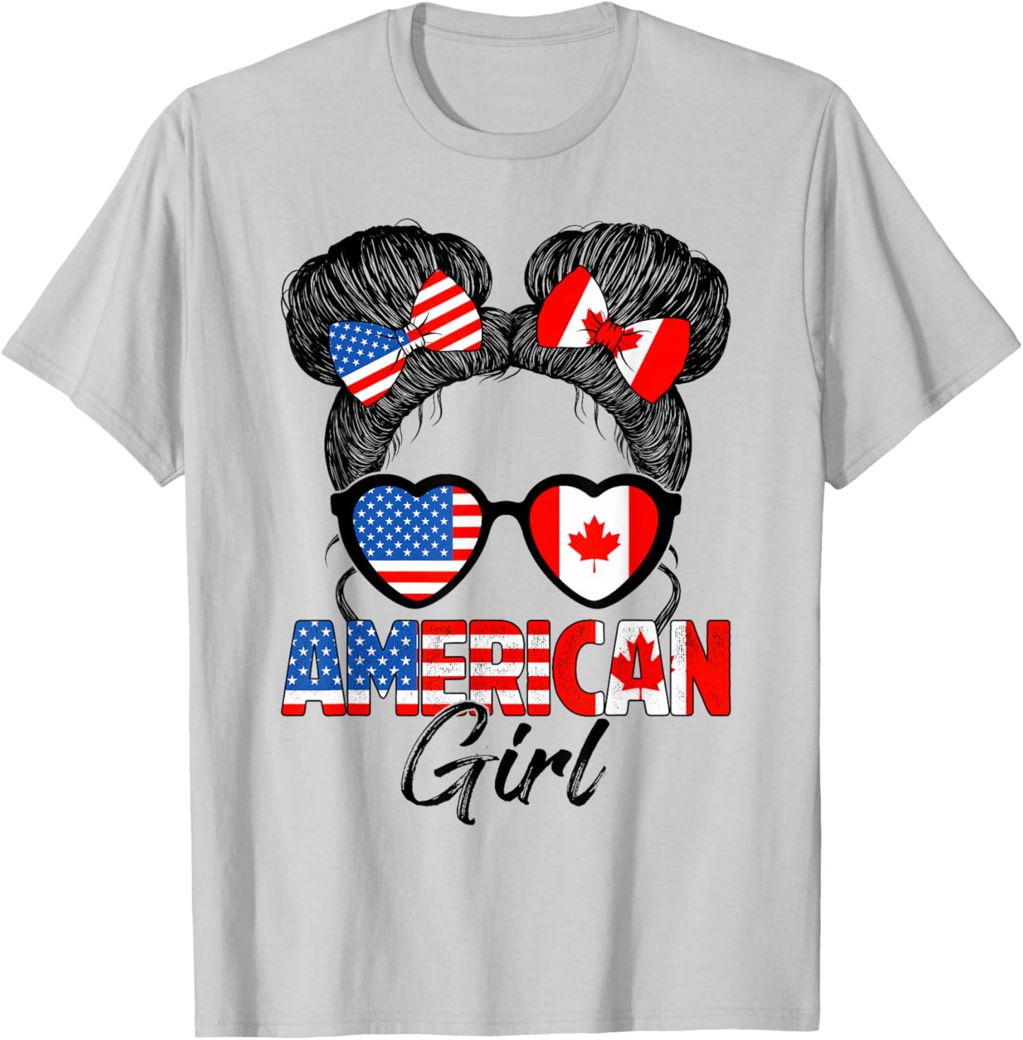 Messy Bun Hair American Canadian Girl Canada Pride Girls T-Shirt - T-Shirt | Ash