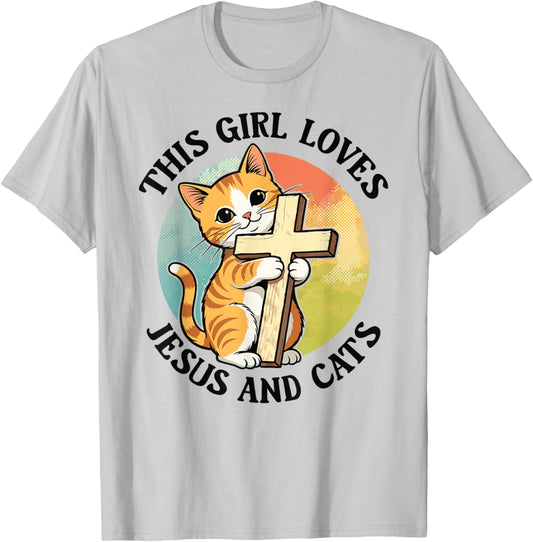 Christian This Girl Loves Jesus and Cats Cat Hugging Cross T-Shirt - T-Shirt | Ash