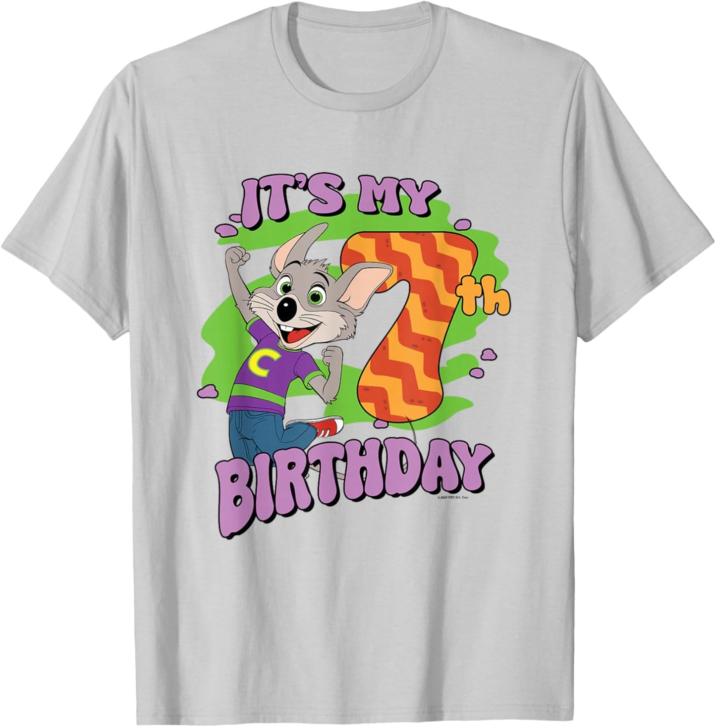 Chuck E. Cheese It's My 7th Birthday Happy Chuck Chest Logo T-Shirt - T-Shirt | Ash