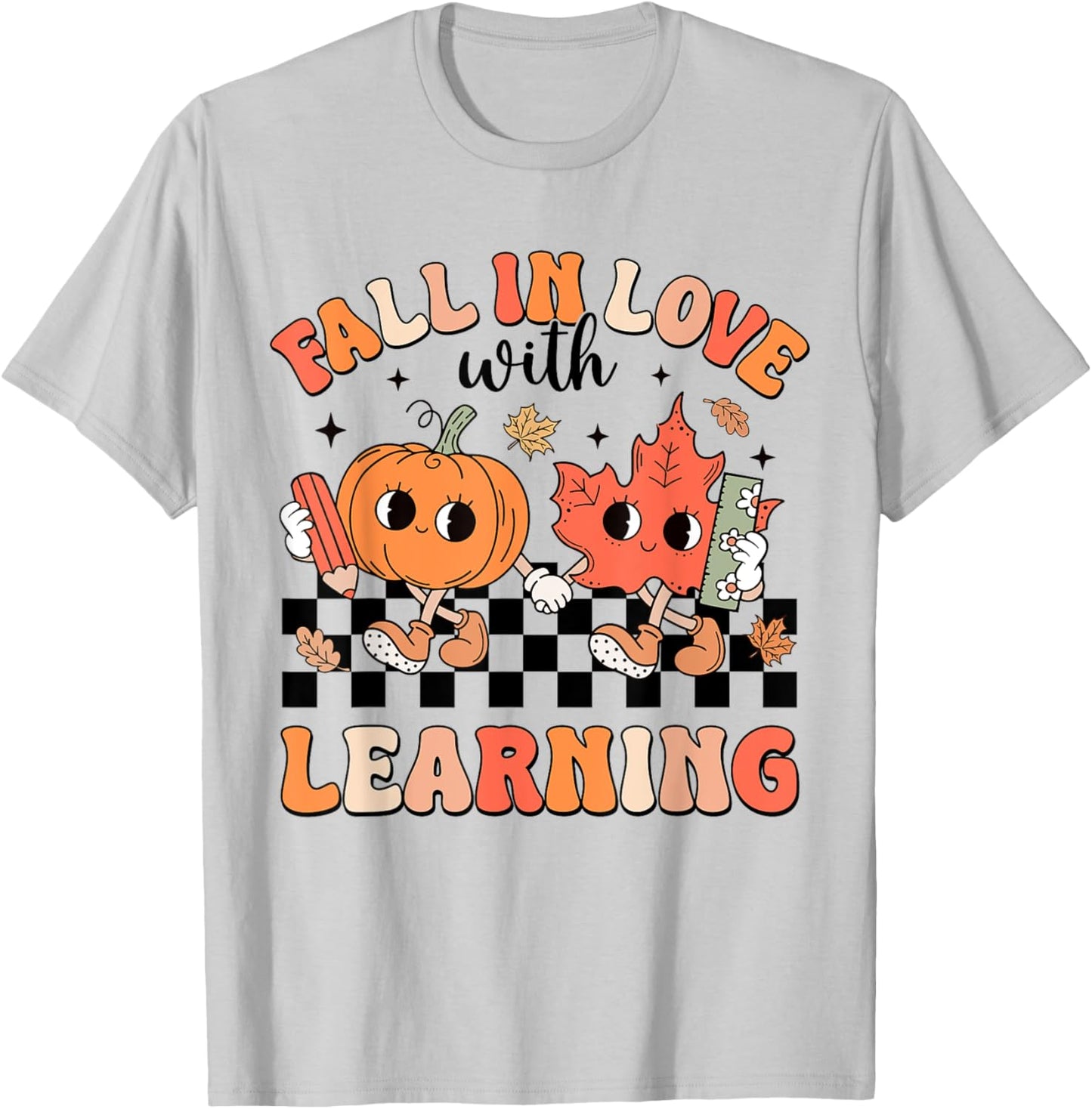Retro Fall In Love With Learning Autumn Pumpkin Teacher T-Shirt - T-Shirt | Ash