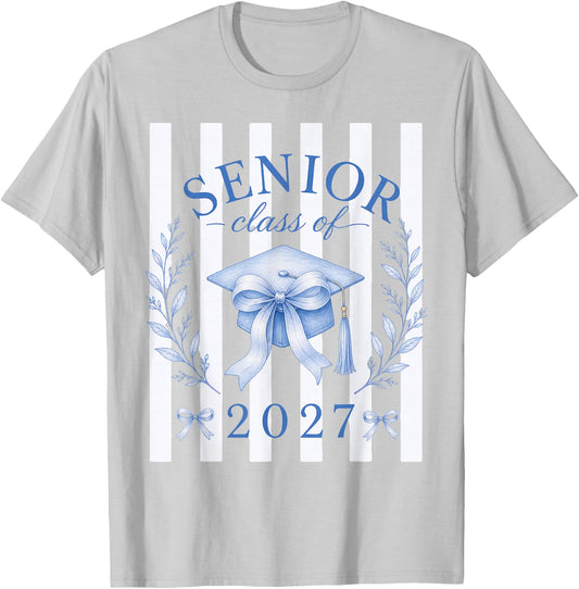 Senior 2027 Girls Coquette Bow Blue Class of 2027 T-Shirt - T-Shirt | Ash