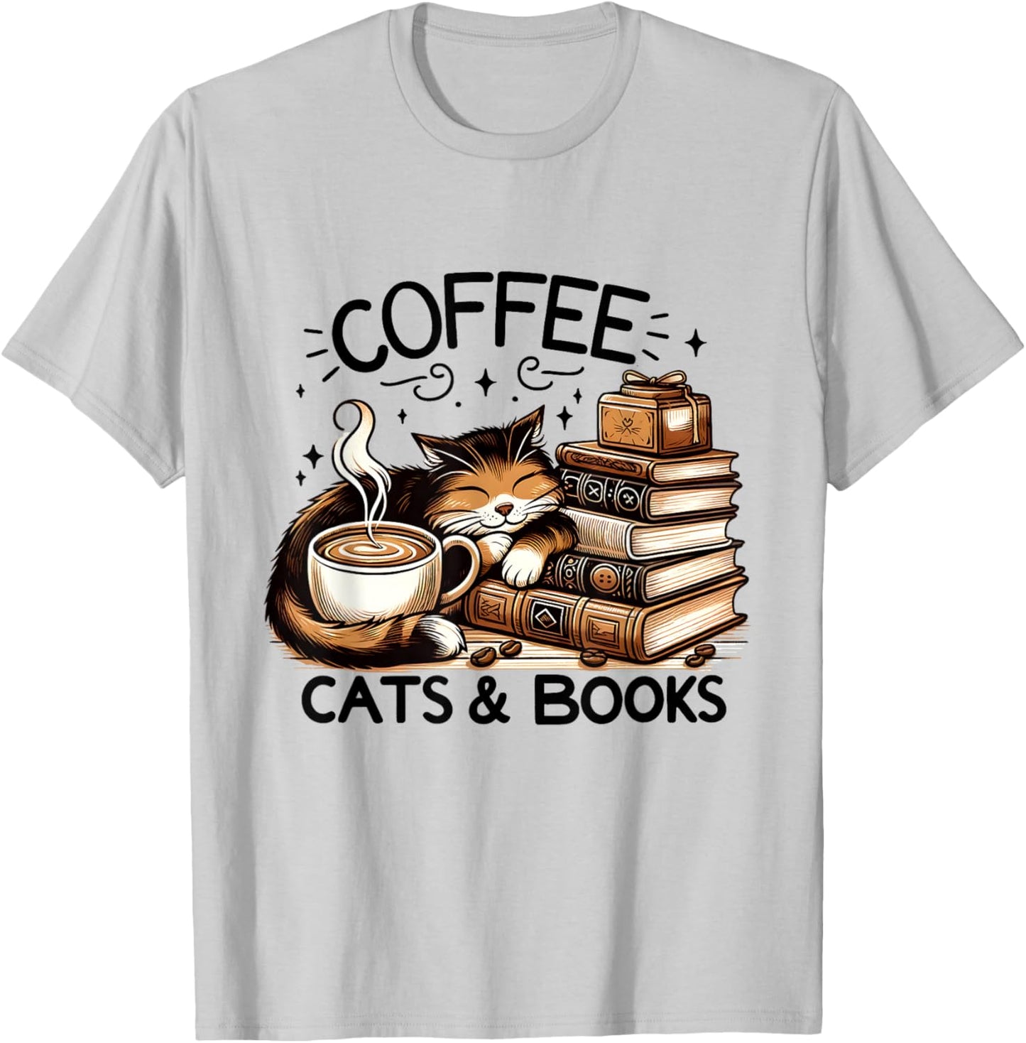 Funny Cute Coffee Cats Books Lover Gift Women Men Kids T-Shirt - T-Shirt | Ash