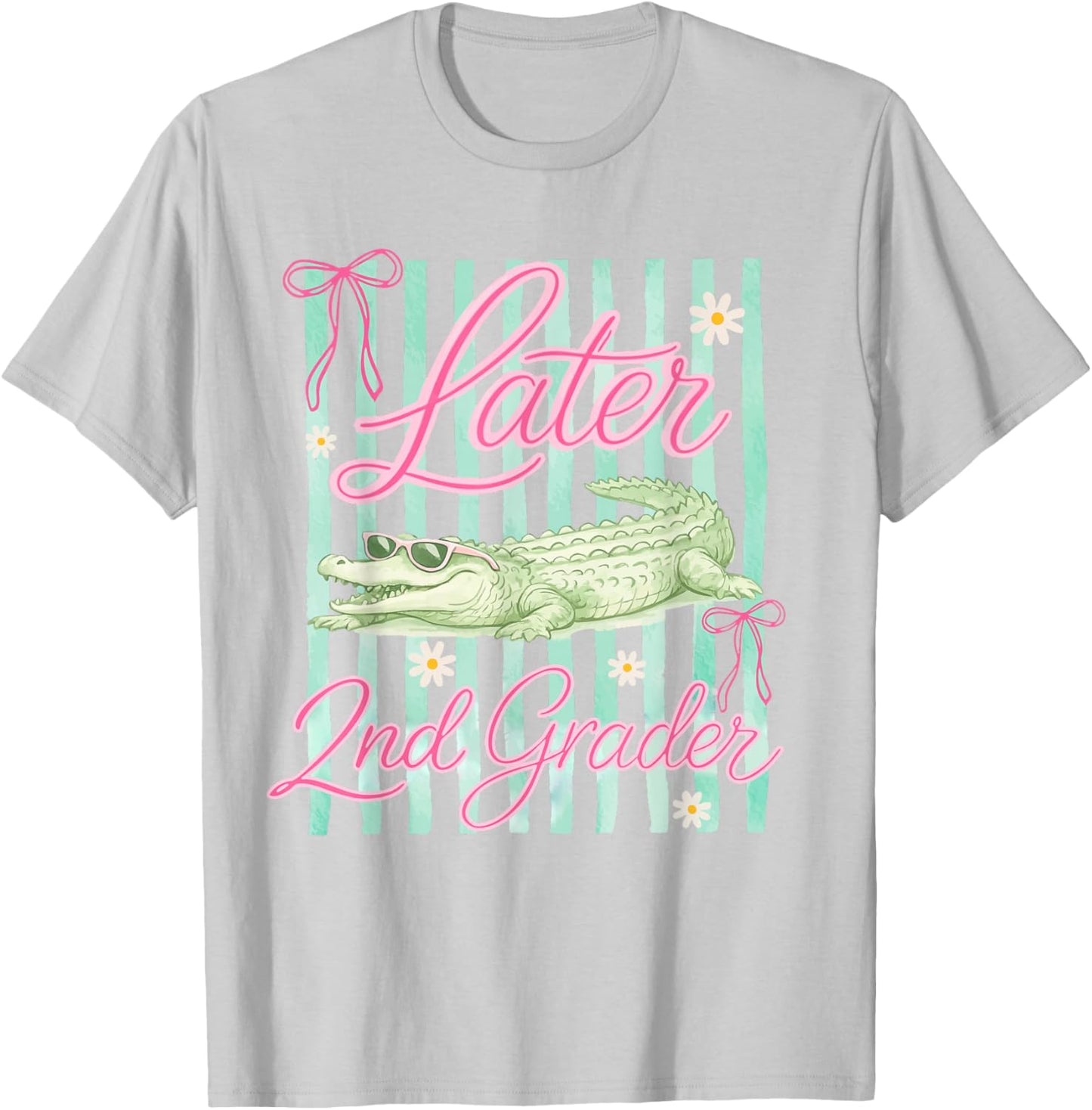 Striped Last Day of School Later 2nd Grader Gator Alligator T-Shirt - T-Shirt | Ash