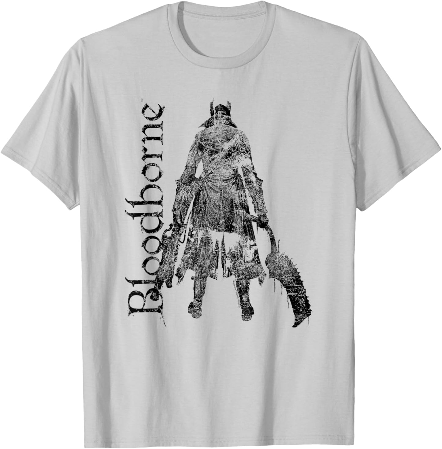 Bloodbourne Hunter Silhouette with Logo Dark Video Game T-Shirt - T-Shirt | Ash