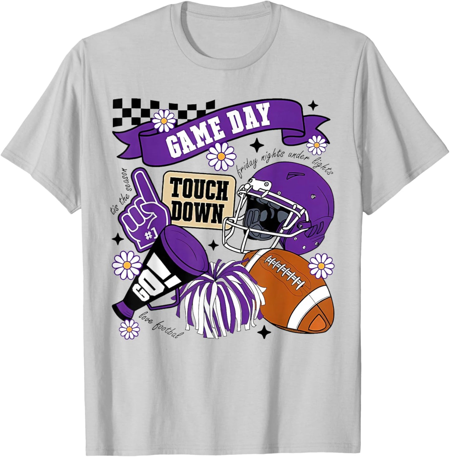Purple Game Day Touchdown Football Lover Women Mom Men Kids T-Shirt - T-Shirt | Ash