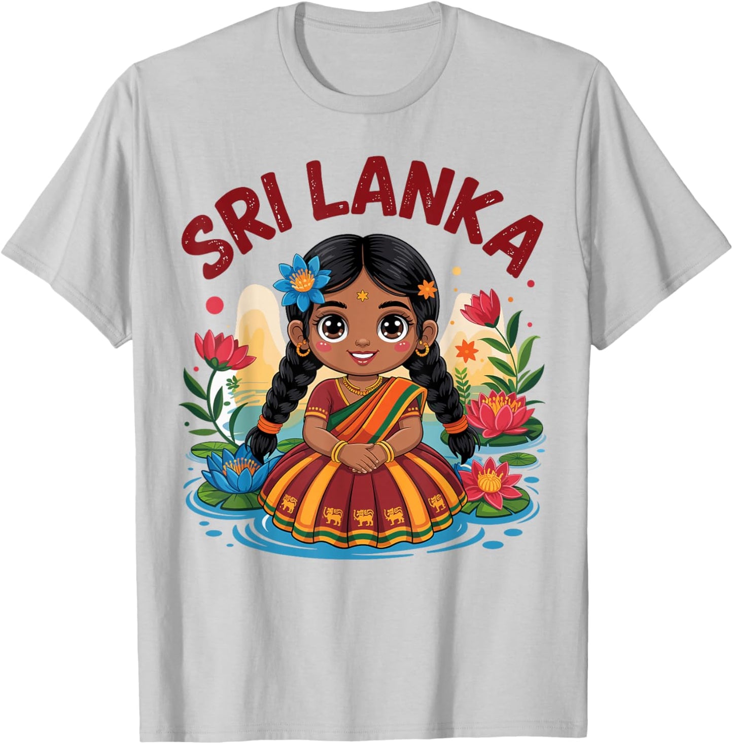 Sri Lankan Girl in Traditional Dress with Lotus Flowers Kids T-Shirt - T-Shirt | Ash