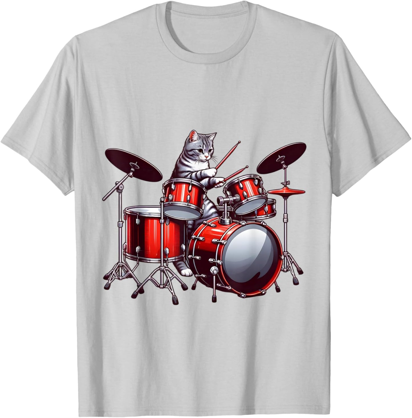 Cat Playing Drums Funny Percussionist Drummer Cat Graphic T-Shirt - T-Shirt | Ash