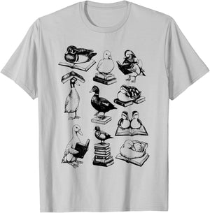 Retro Reading Ducks Graphic Sketch Ducks Bookworm Nerd T-Shirt - T-Shirt | Ash