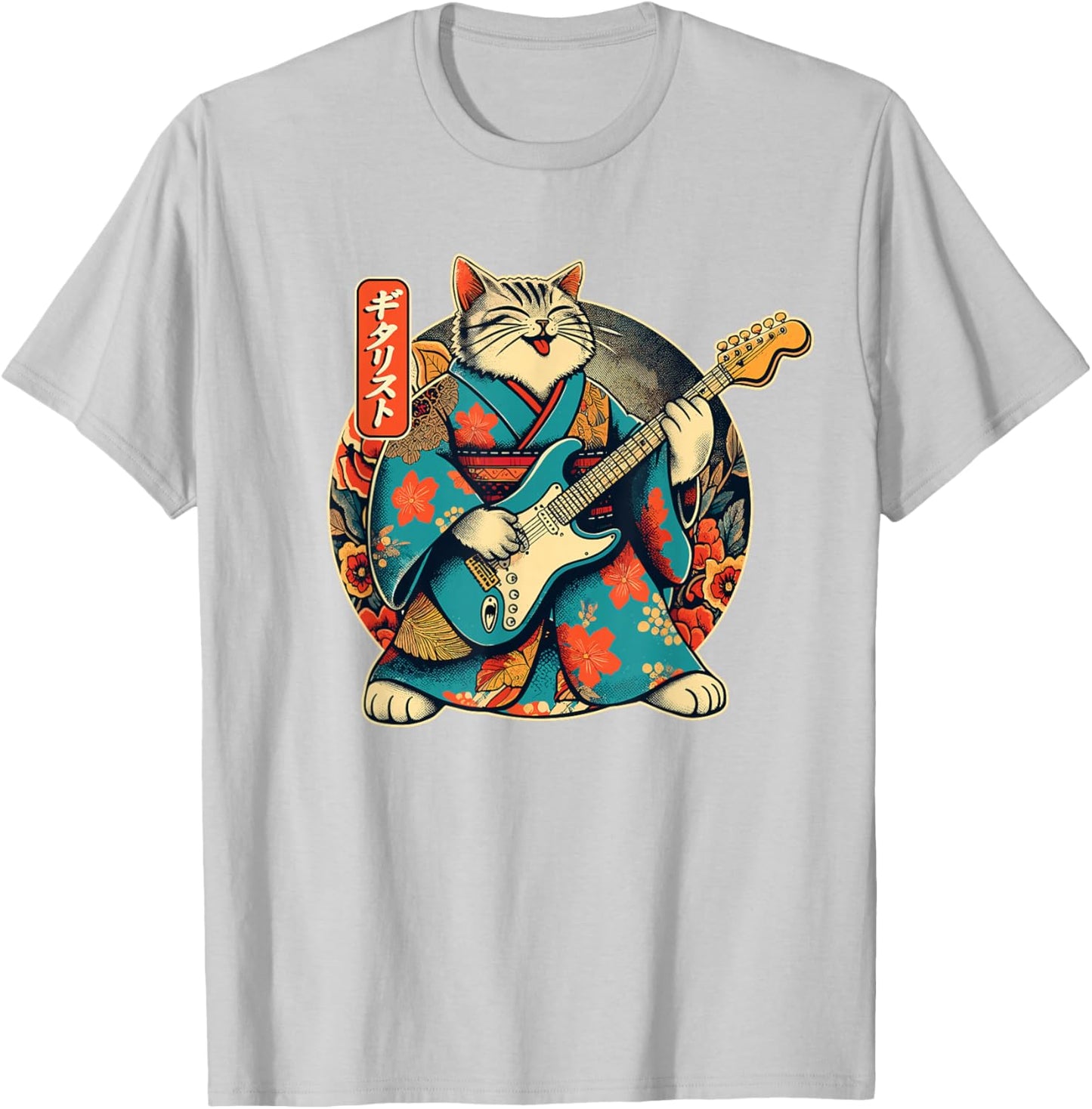 Japanese Samurai Cat Playing The Electric Guitar T-Shirt - T-Shirt | Ash