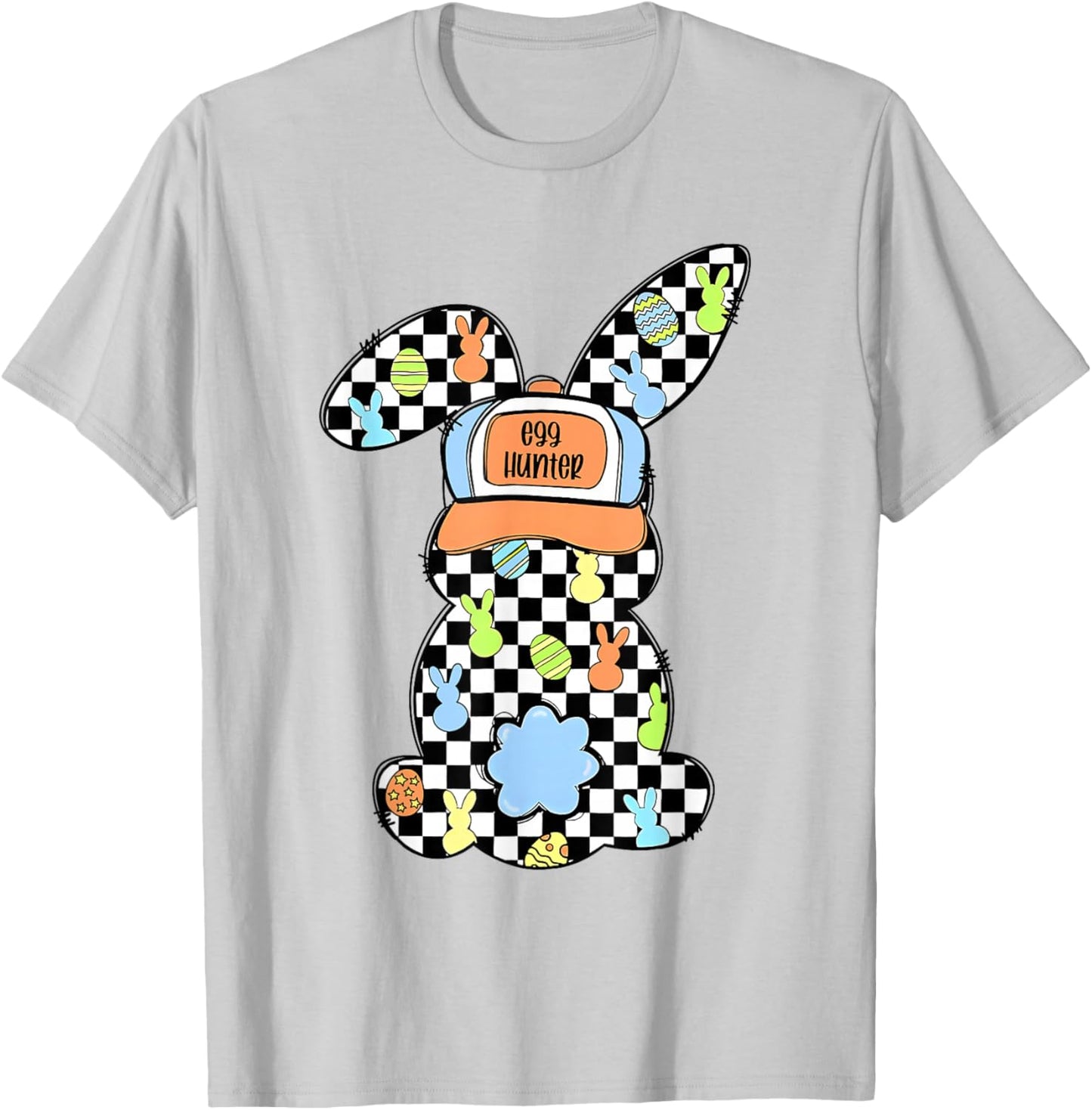 Funny Bunny Rabbit Eggs Happy Easter Checkered Couples Boys T-Shirt - T-Shirt | Ash