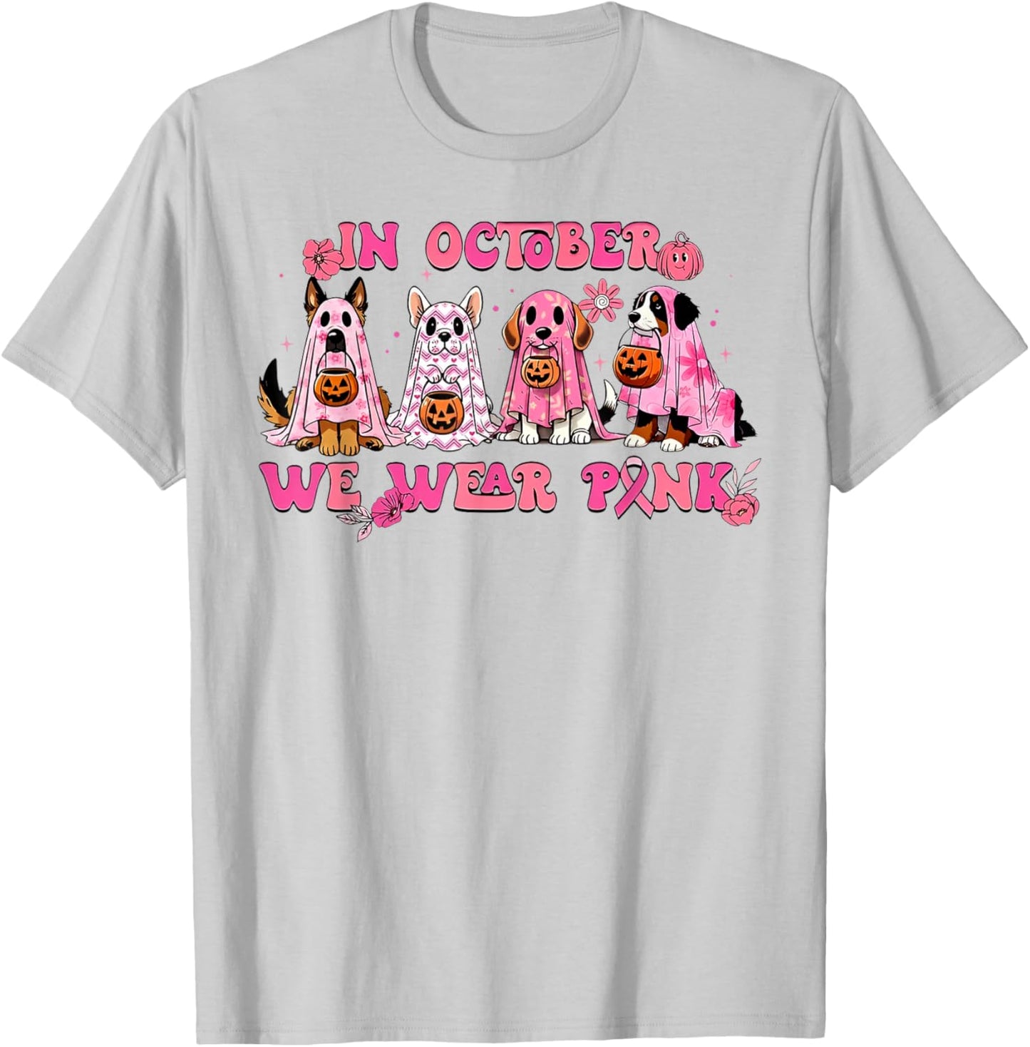 In October We Wear Pink Dog Ghost Breast Cancer Awareness T-Shirt - T-Shirt | Ash