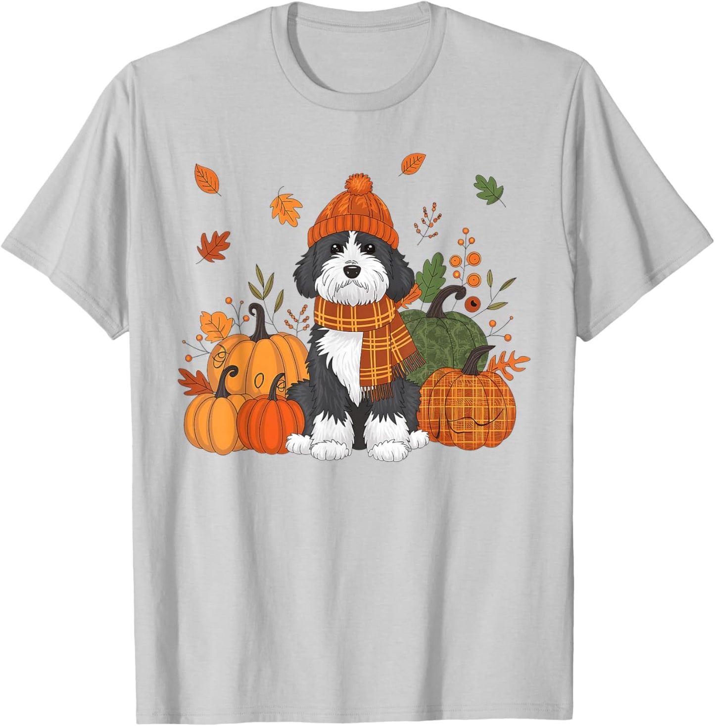 Bernedoodle Thanksgiving Leopard Pumpkins Fall Leaves Lover T-Shirt - T-Shirt | Ash