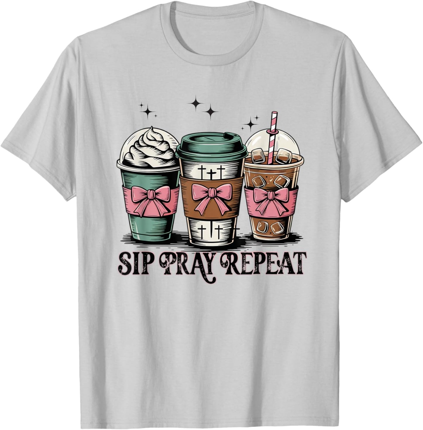 Coffee Sip Pray Repeat Iced Coffee Lover Christian T-Shirt - T-Shirt | Ash