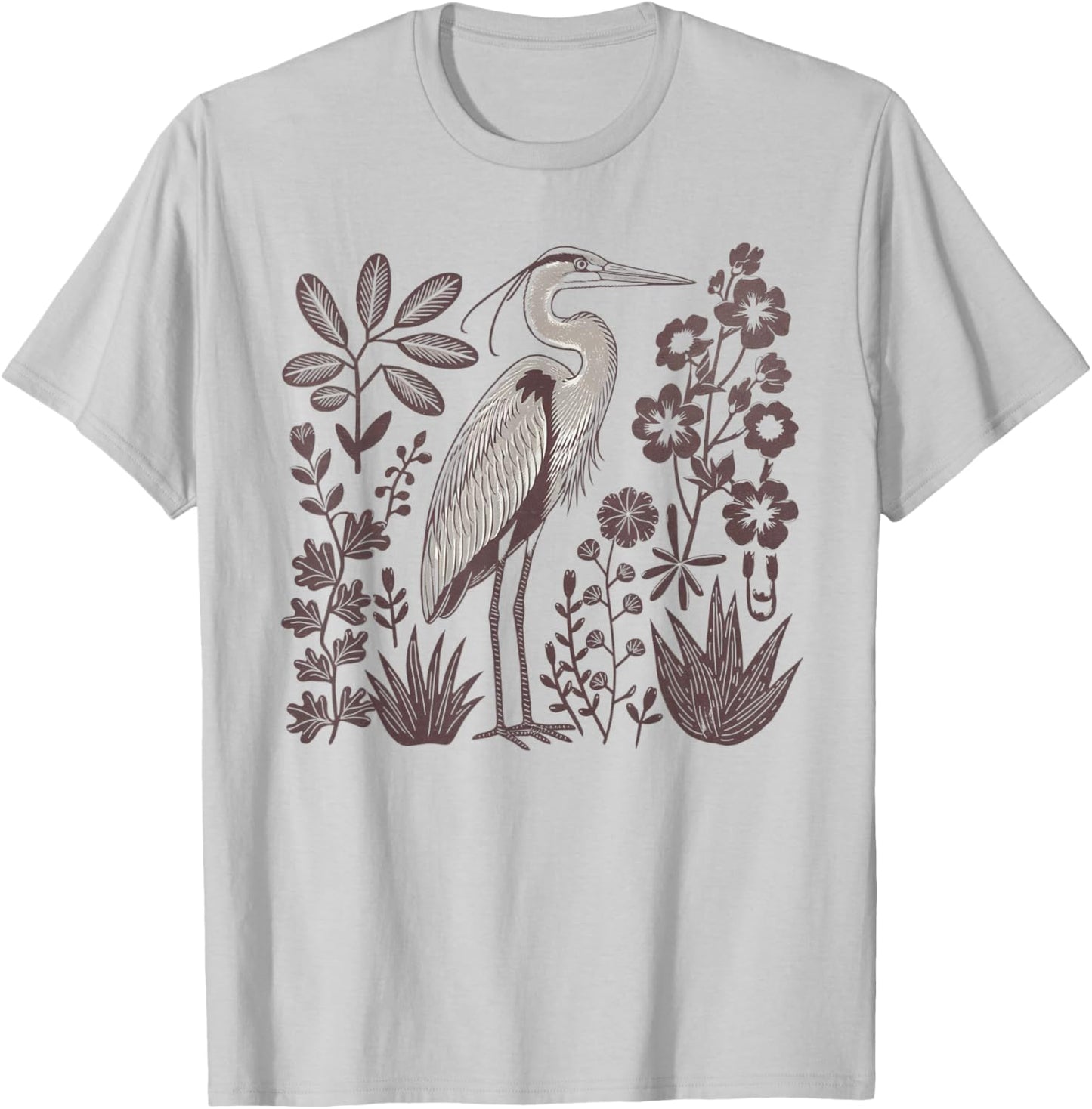 Heron Linocut Great Blue Heron Bird Lover Hippy Granola Girl T-Shirt - T-Shirt | Ash